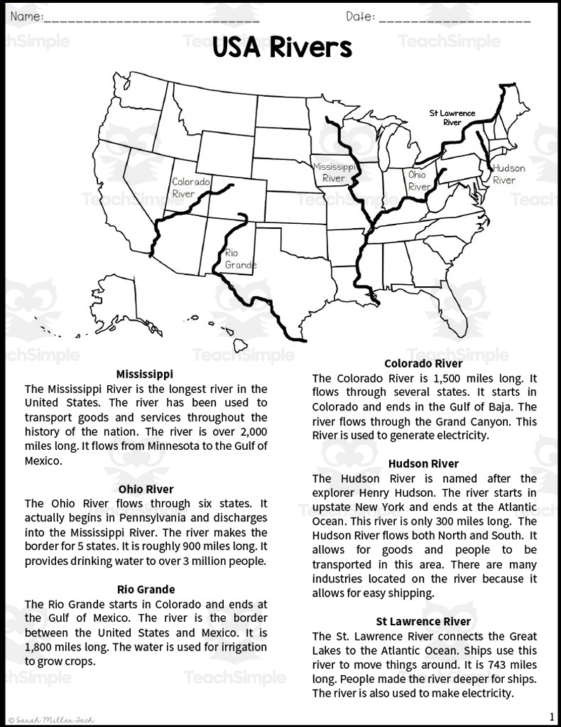 Major US Rivers Reading Packet By Teach Simple