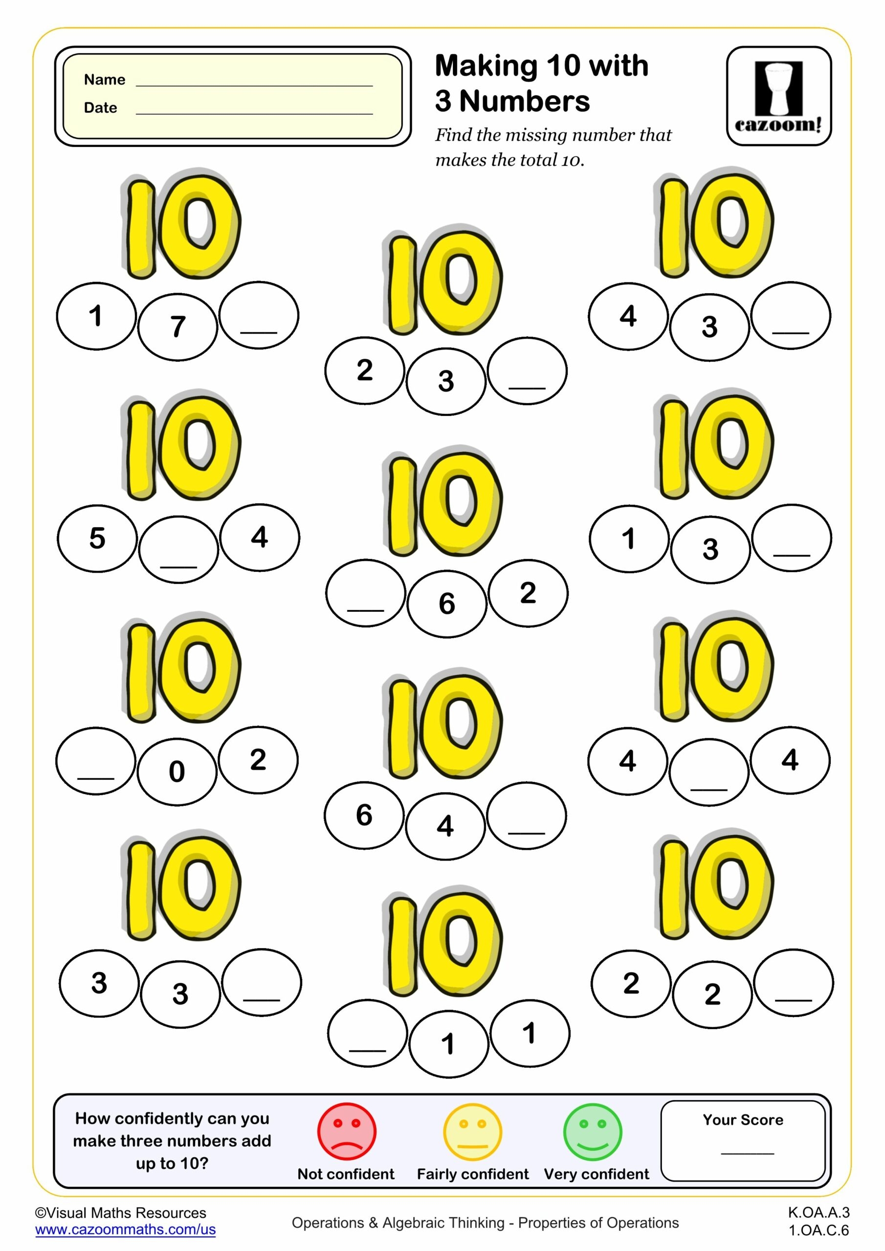Making 10 With Three Numbers Fun And Engaging K Grade PDF Worksheets Cazoom Math