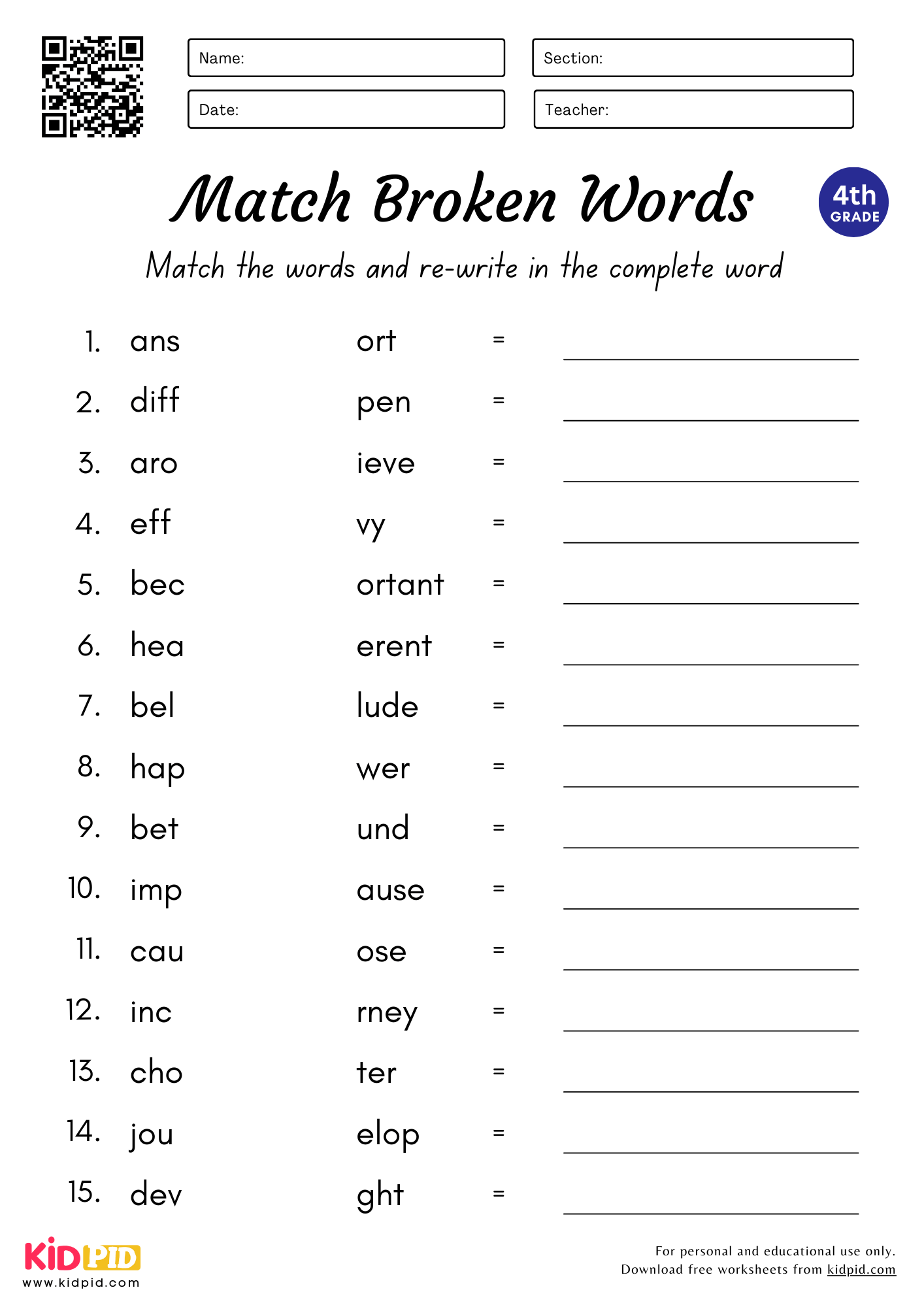 Match Complete The Words Worksheet For Grade 4 Kidpid Match Complete The Words Worksheet For Grade 4 Kidpid