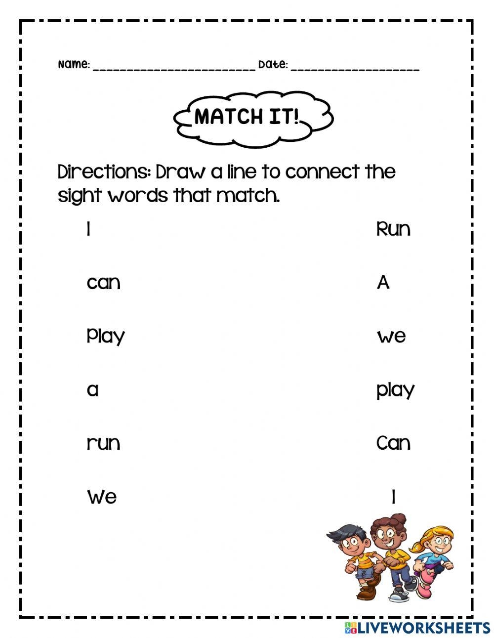 Word Matching Worksheets Kindergarten Word Matching Worksheets Kindergarten