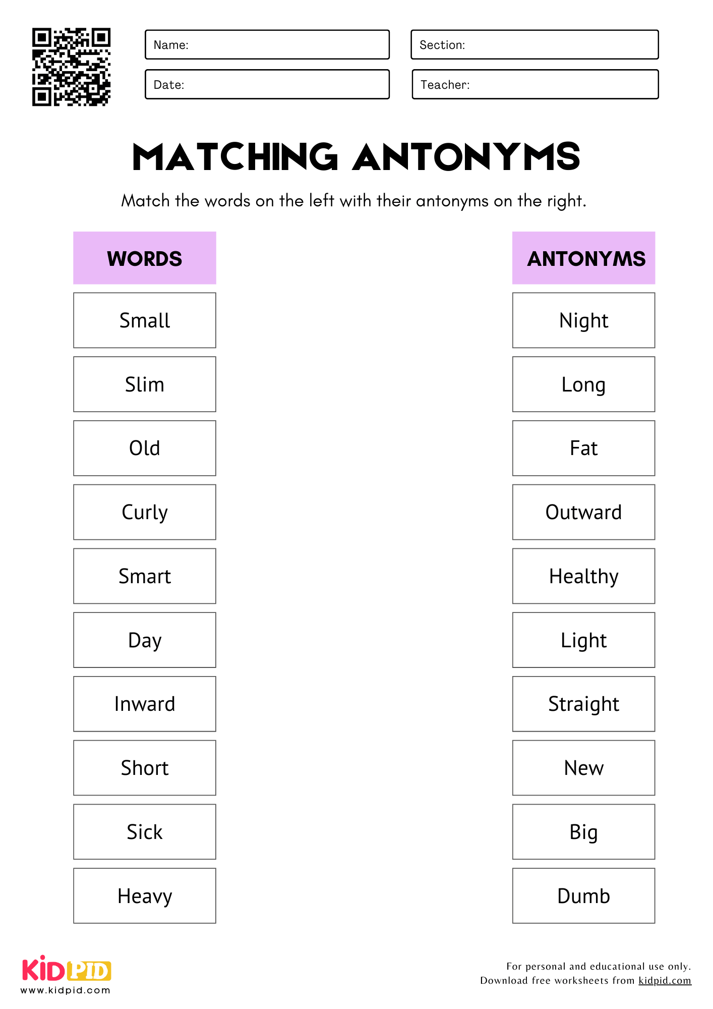 Match The Antonym Words For Grade 1 Kidpid
