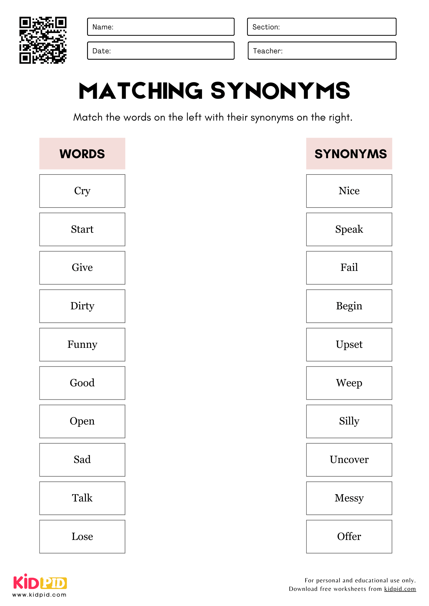 Match The Synonym Words For Grade 1 Kidpid Match The Synonym Words For Grade 1 Kidpid