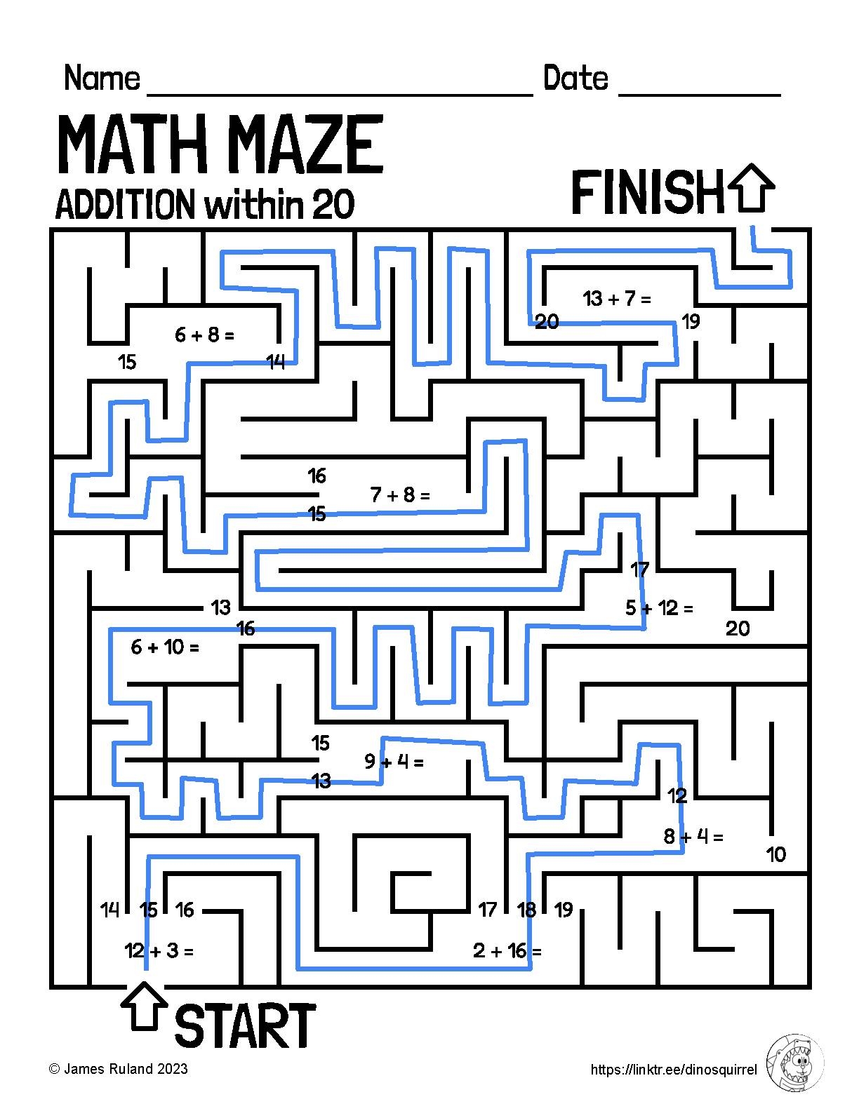 MATH MAZE Addition And Subtraction Within 20 Customizable Math Mazes Included Classful