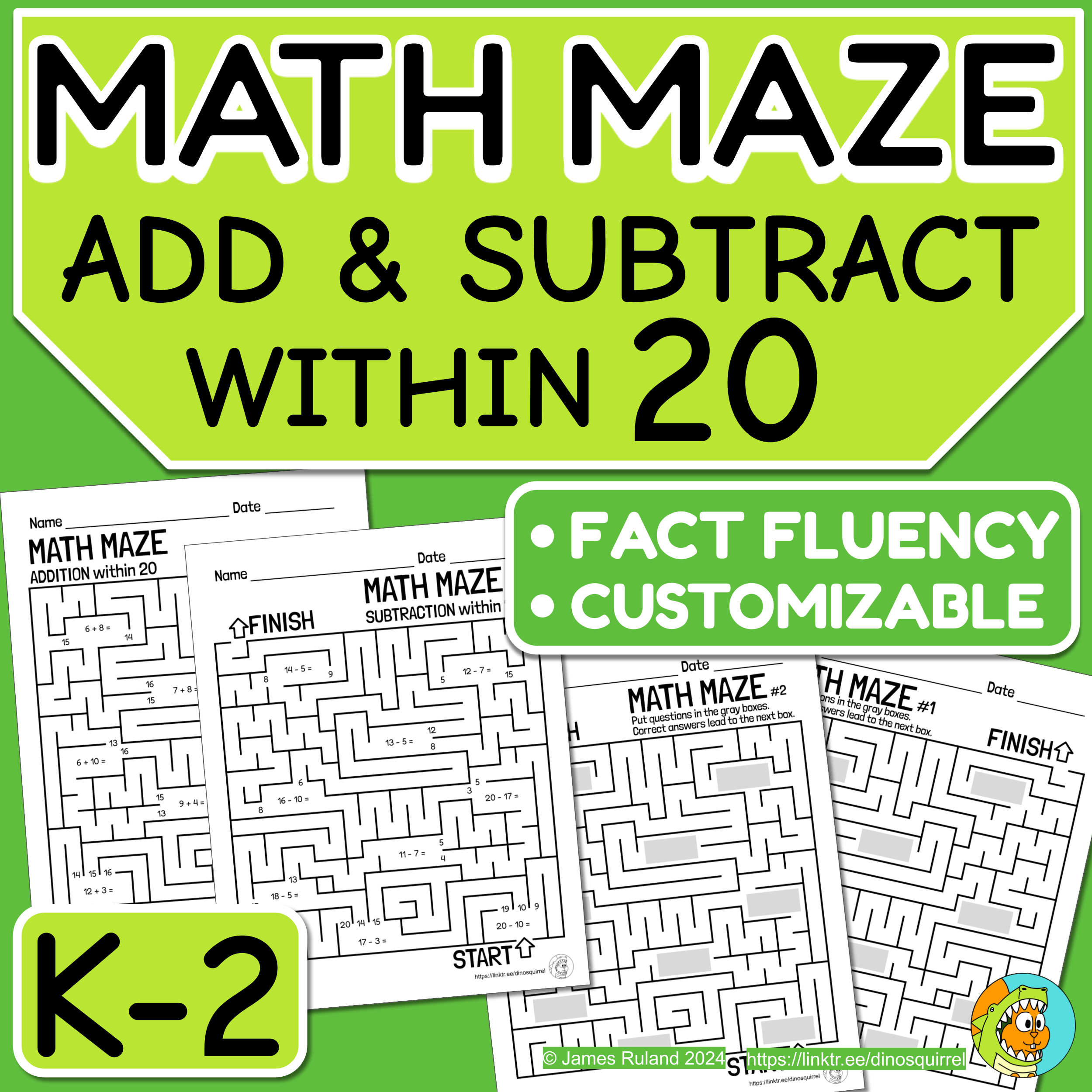 MATH MAZE Addition And Subtraction Within 20 Customizable Math Mazes Included Classful