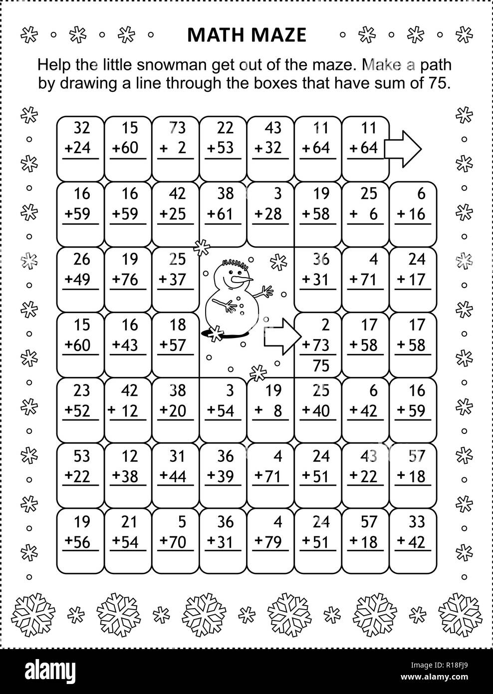 Math Maze With Addition Facts Help The Snowman Get Out Of The Maze Make A Path By Drawing A Line Through The Boxes That Have Sum Of 75 Stock Vector Image U0026