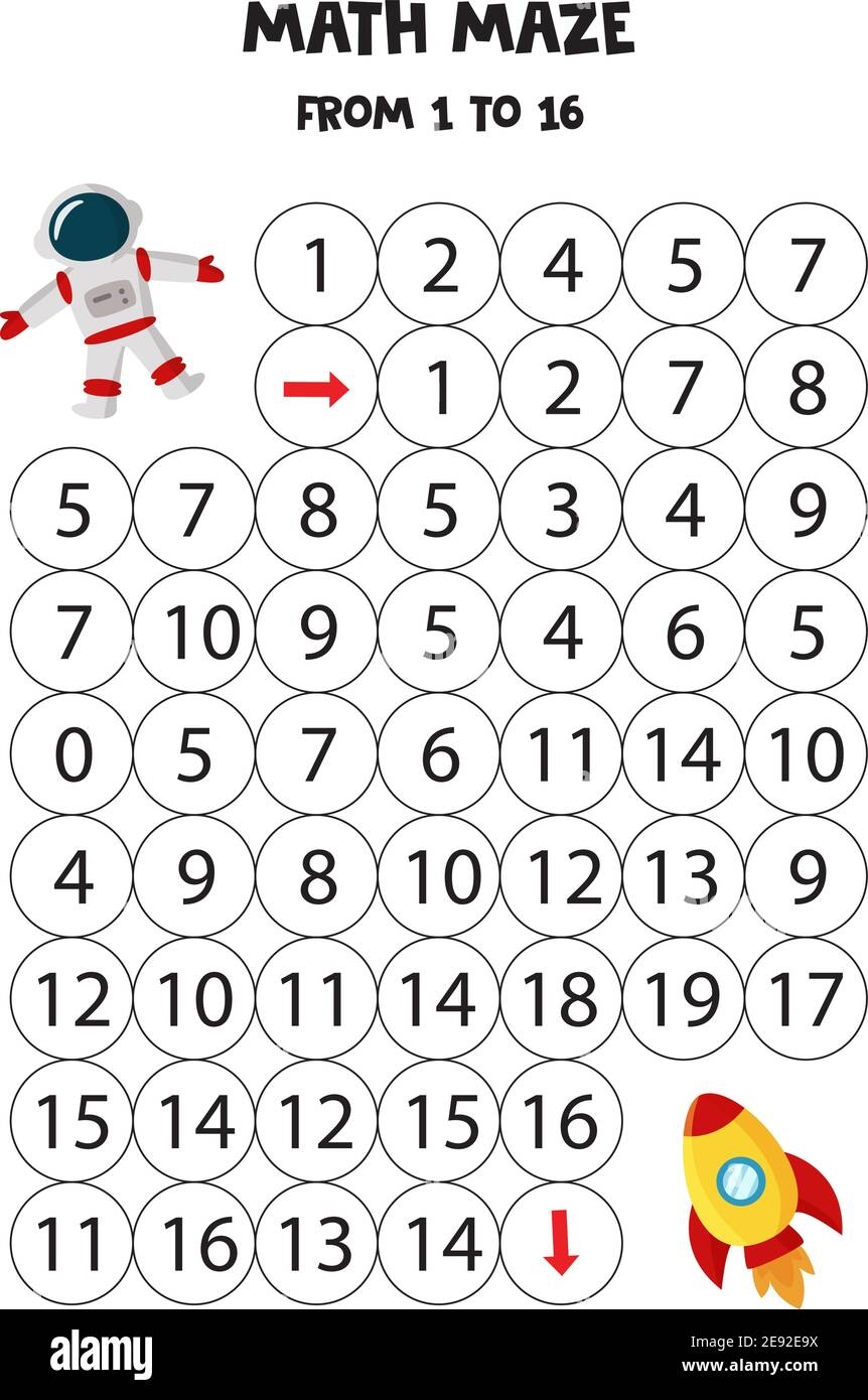 Math Maze With Astronaut And Rocket Count To 16 Printable Game 