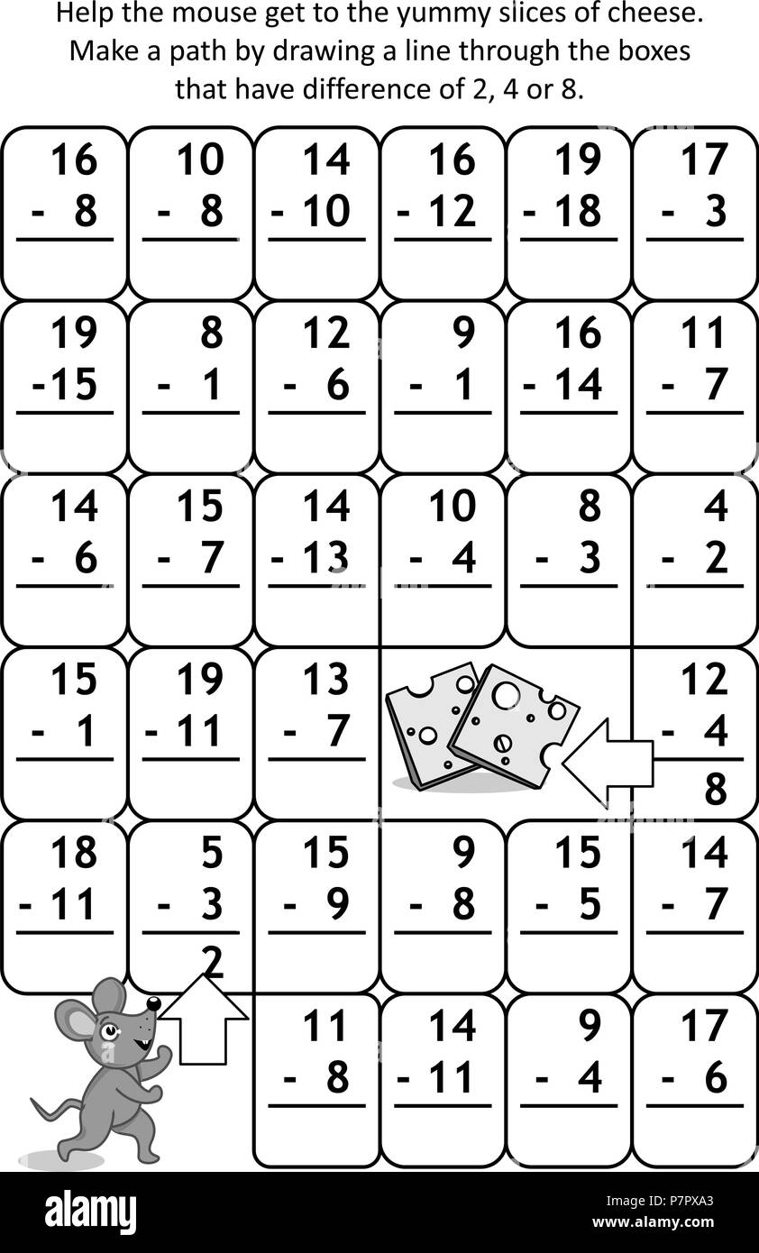 Math Maze With Subtraction Facts Help The Mouse Get To The Yummy Slices Of Cheese Stock Vector Image U0026 Art Alamy