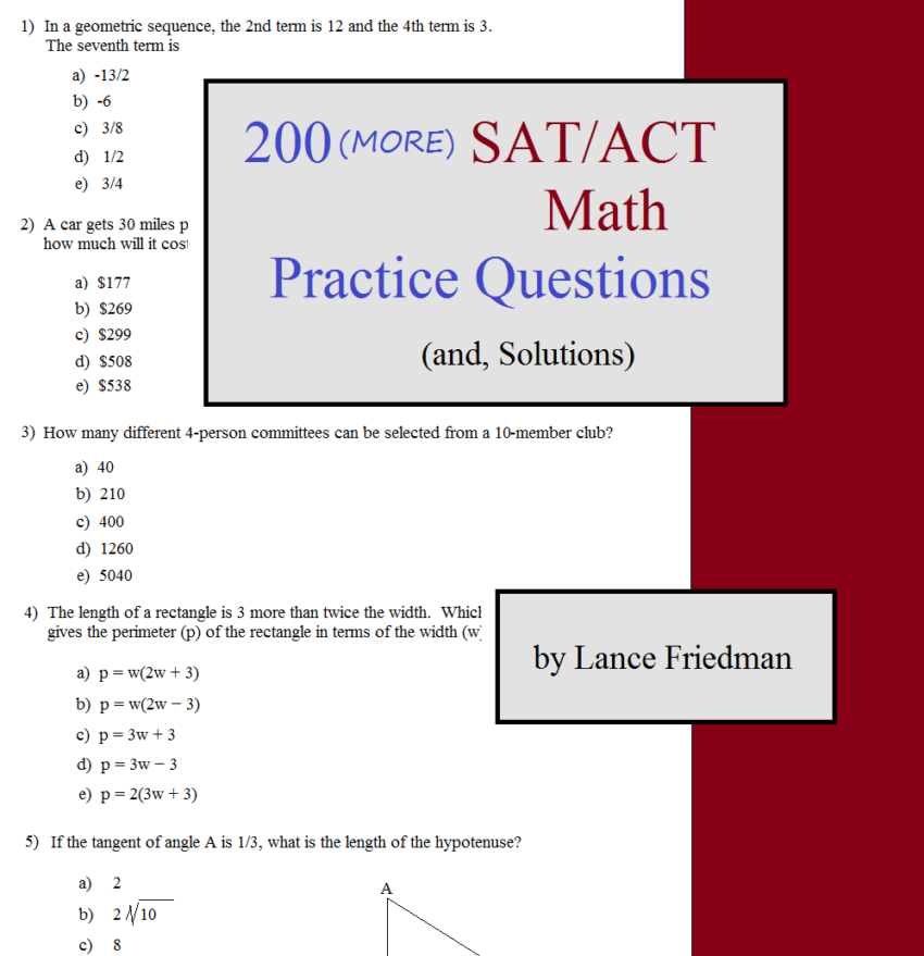 Math Plane 200 MORE SAT ACT Math Practice Questions and Solutions