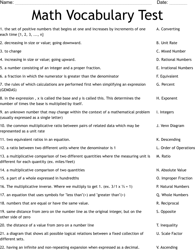 Math Vocabulary Test Worksheet WordMint