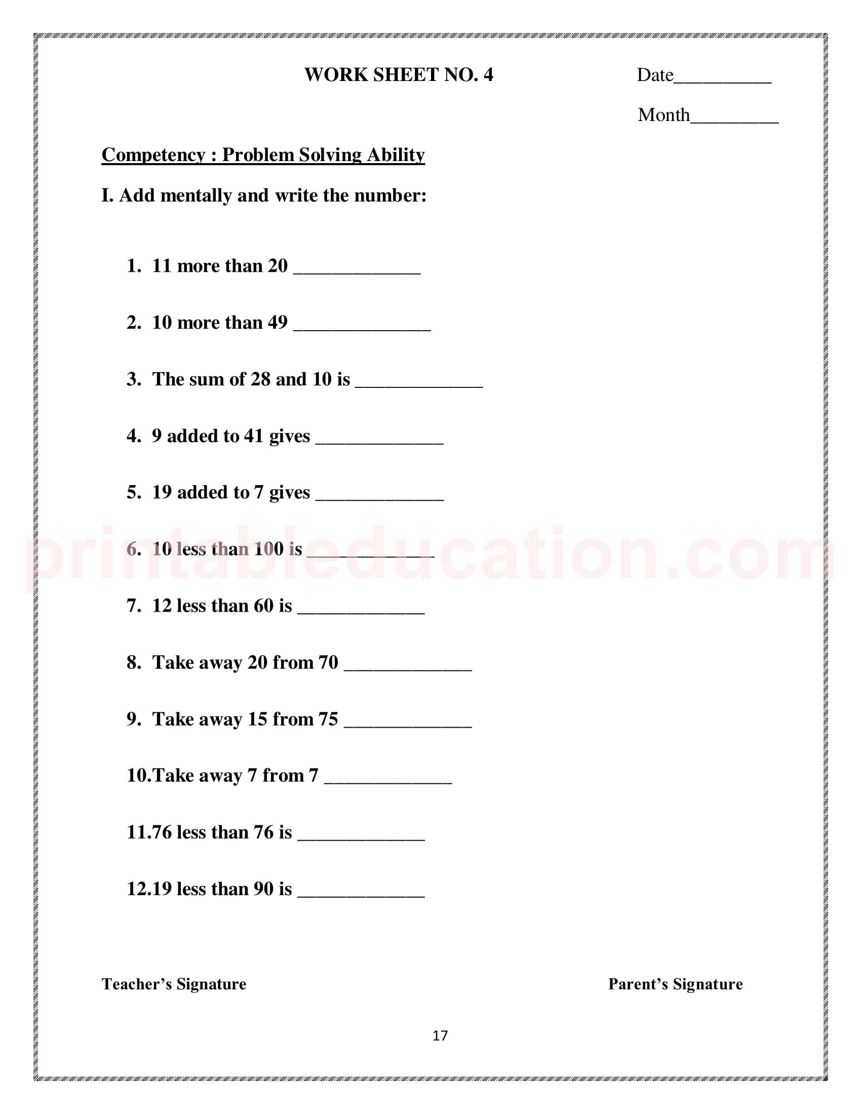 Worksheet For Class 3 Maths