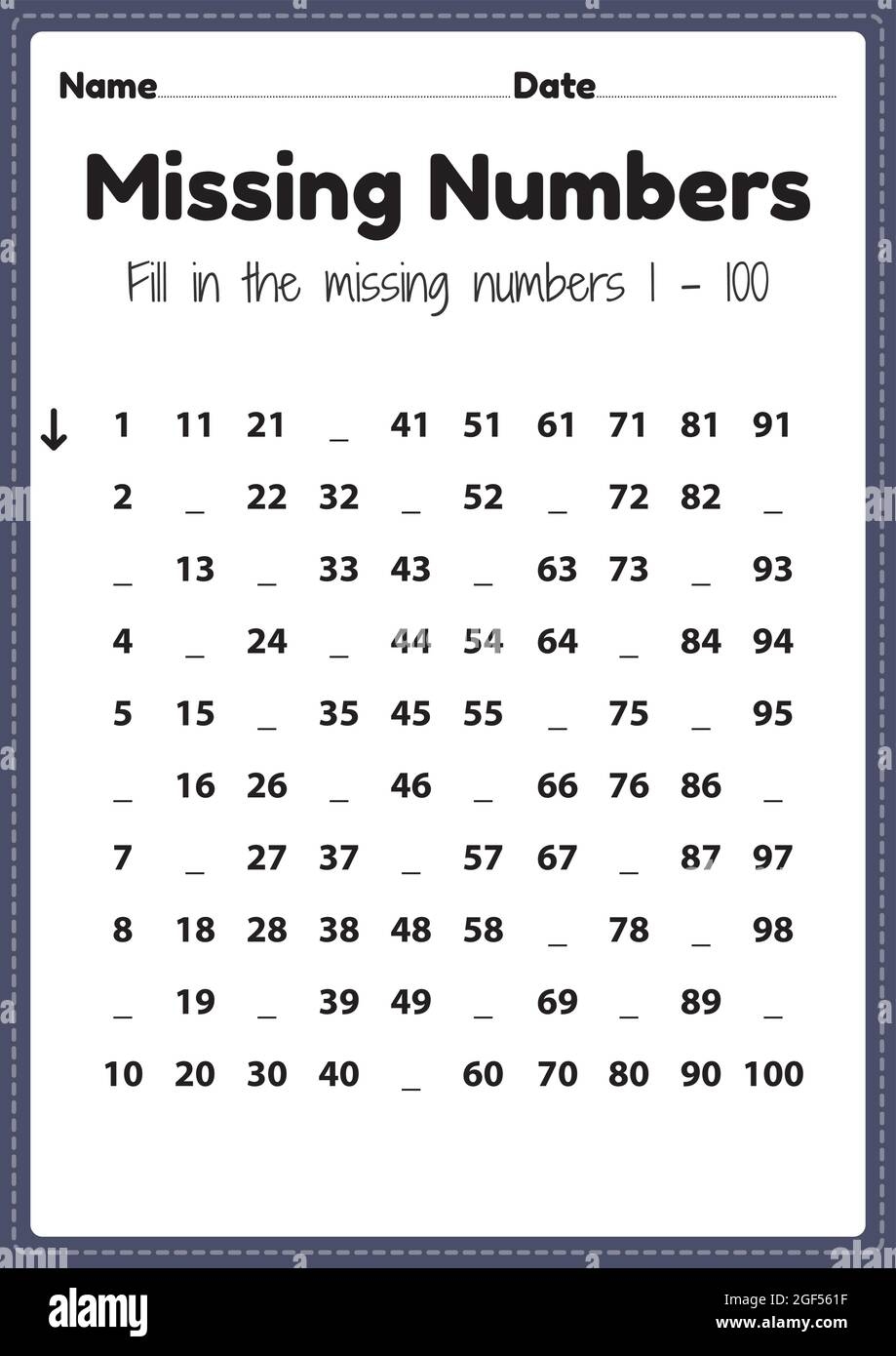 Maths Worksheet For Nursery Missing Numbers 1 To 100 Printable Sheet For Preschool And Kindergarten Kids Activity To Learn Basic Mathematics Skills Stock Vector Image U0026 Art Alamy Maths Worksheet For Nursery Missing Numbers 1 To 100 Printable Sheet For Preschool And Kindergarten Kids Activity To Learn Basic Mathematics Skills Stock Vector Image U0026 Art Alamy
