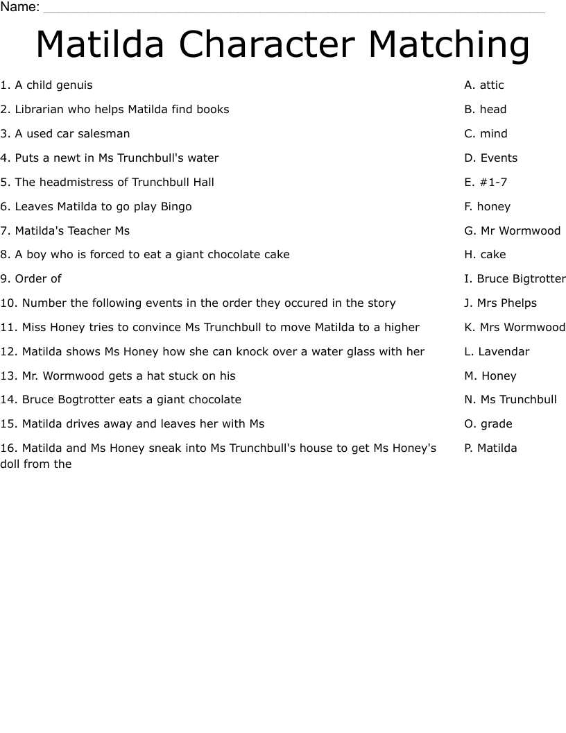 Matilda Printable Worksheets Matilda Printable Worksheets
