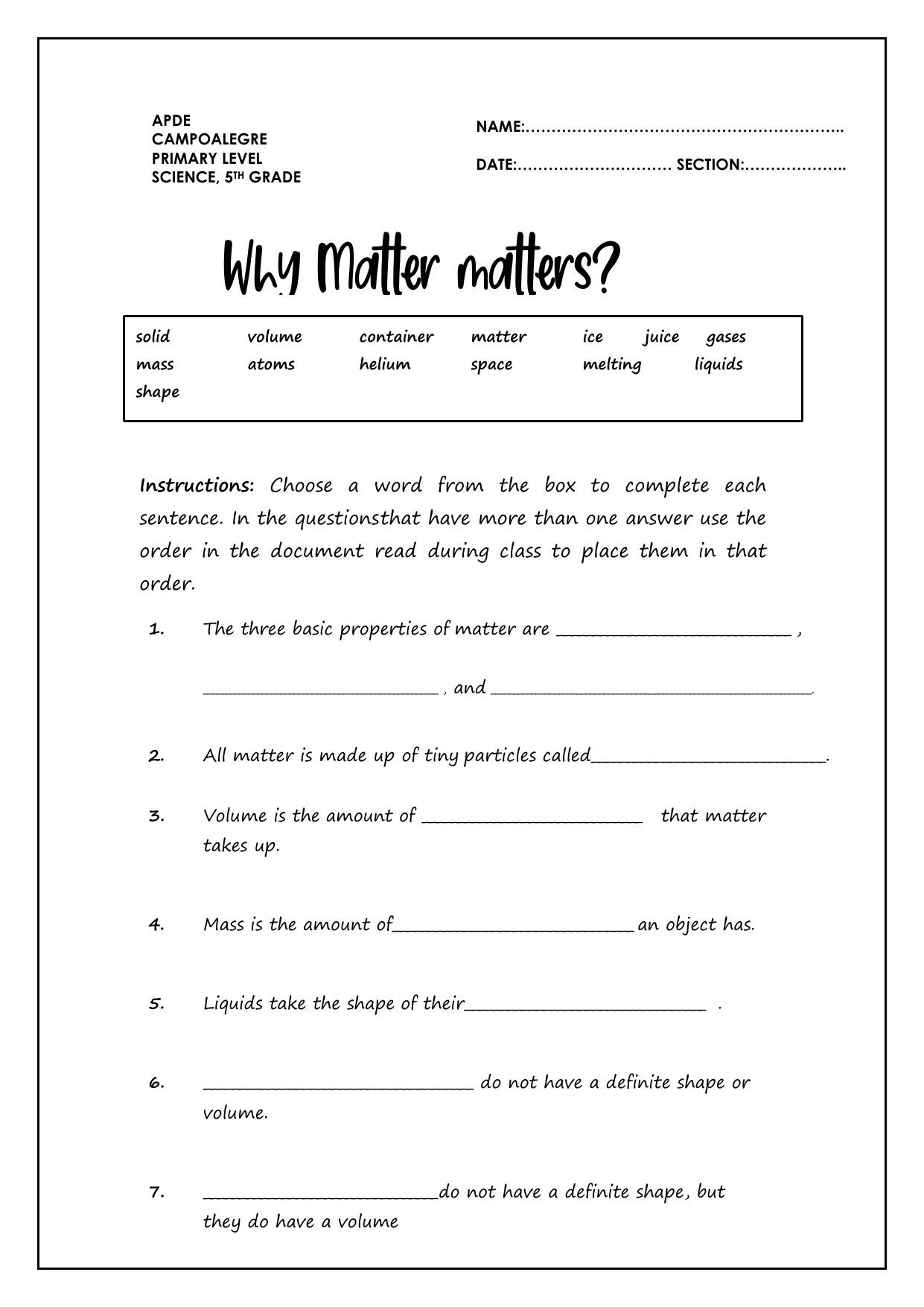 Matter Properties Worksheet For 5th Grade Matter Properties Worksheet For 5th Grade