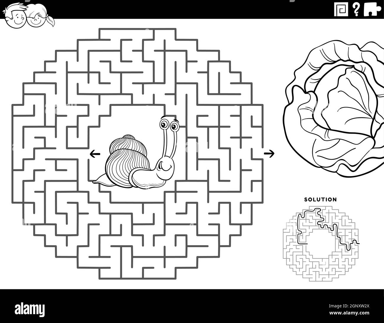 Maze Game With Snail And Lettuce Coloring Book Page Stock Vector Maze Game With Snail And Lettuce Coloring Book Page Stock Vector
