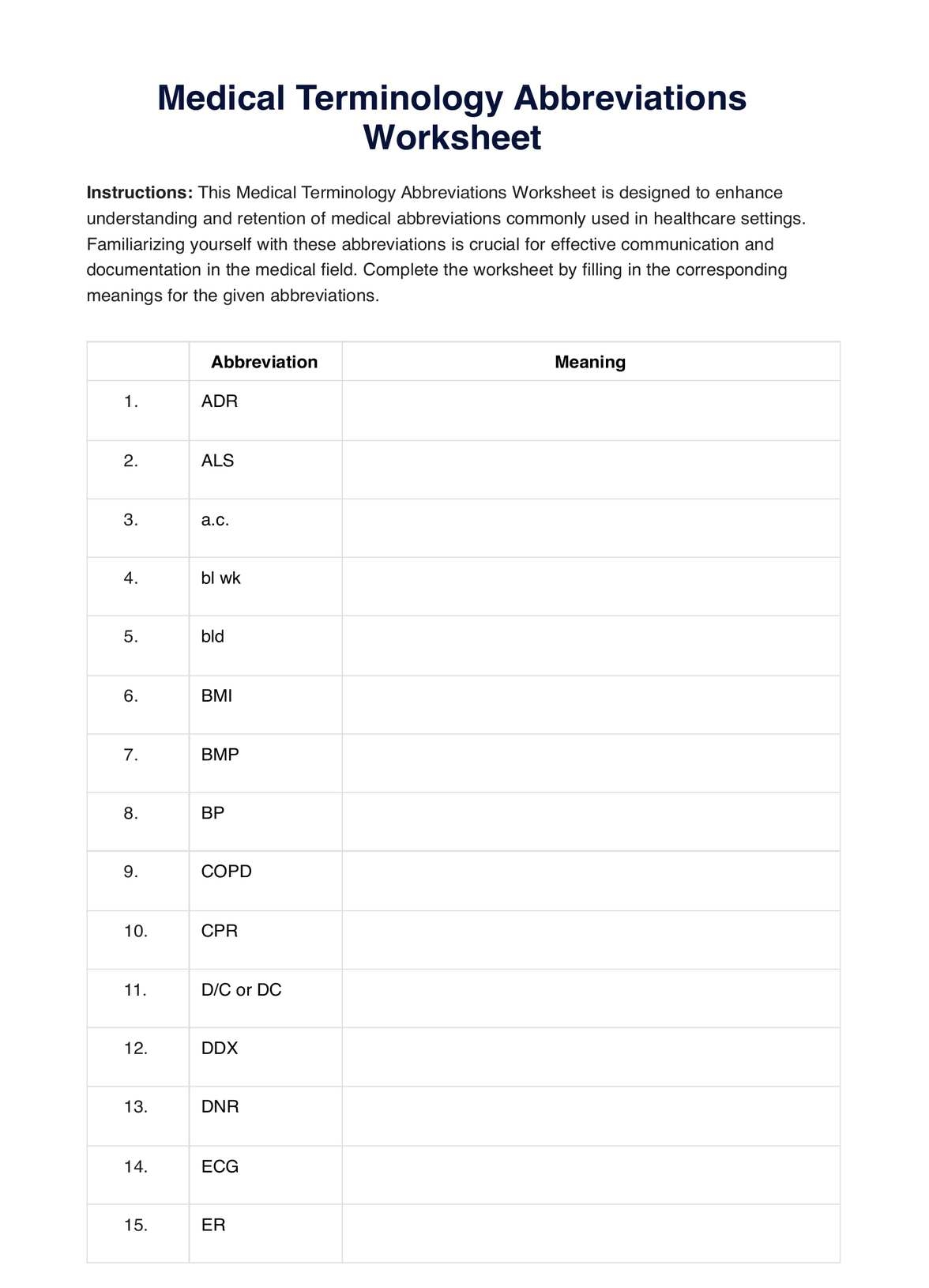 Medical Terminology Abbreviations Worksheet Example Free PDF Download Medical Terminology Abbreviations Worksheet Example Free PDF Download