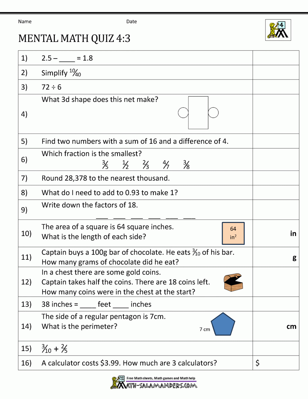 4th Grade Math Skills Printable Worksheets
