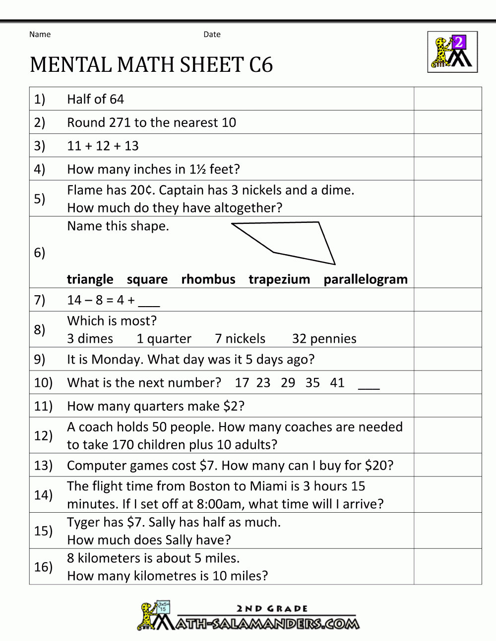 Mental Math Worksheet 2nd Grade Mental Math Worksheet 2nd Grade