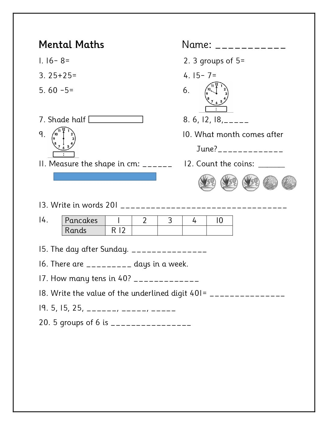 Mental Maths Worksheet Teacha 