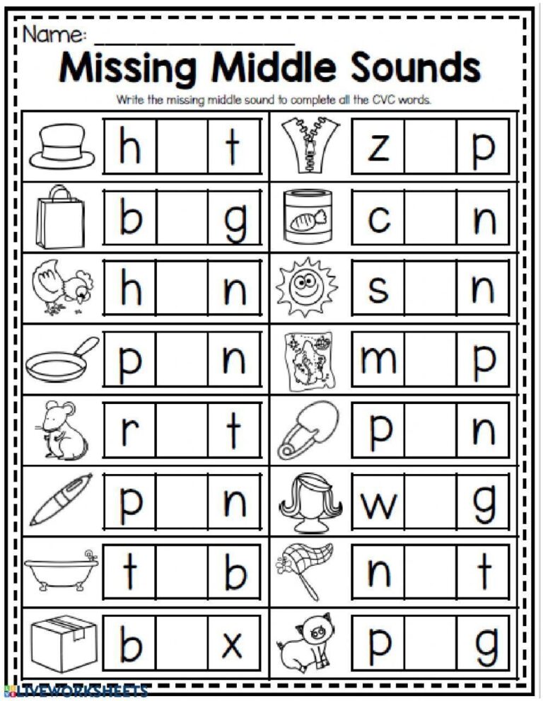Middle Sounds Worksheets For Preschool And Kindergarten Kids Worksheets Library