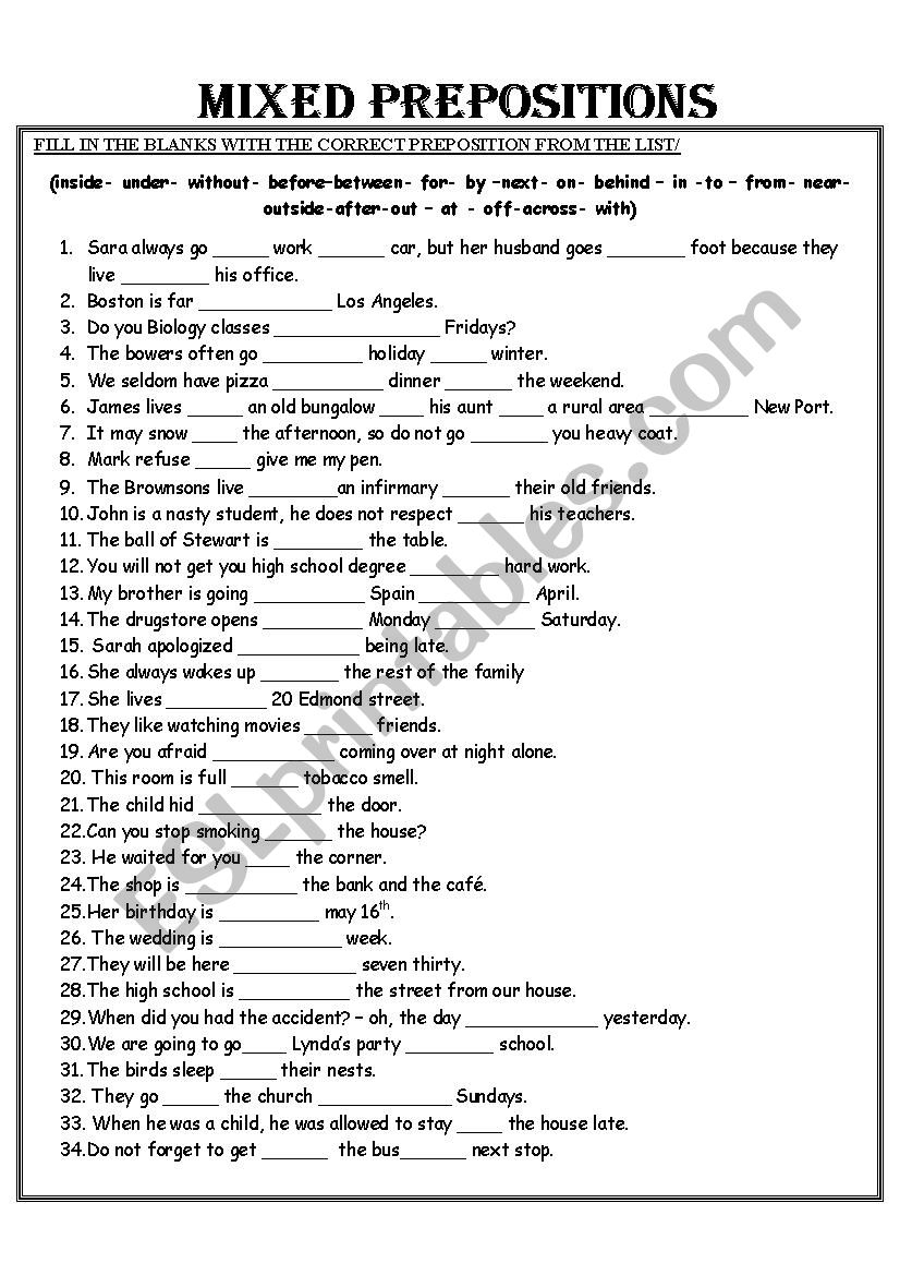 MIXED PREPOSITIONS WORKSHEET ESL Worksheet By Alfred78 Worksheets Library MIXED PREPOSITIONS WORKSHEET ESL Worksheet By Alfred78 Worksheets Library
