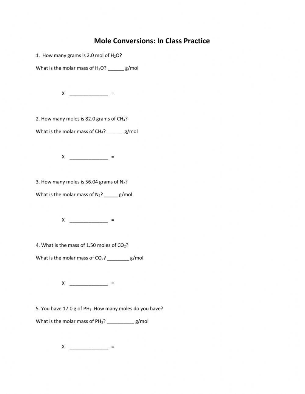 Mole Conversions In class Practice Worksheet Live Worksheets 