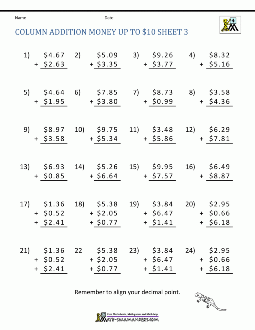 Money Addition Worksheet Collection 4th Grade