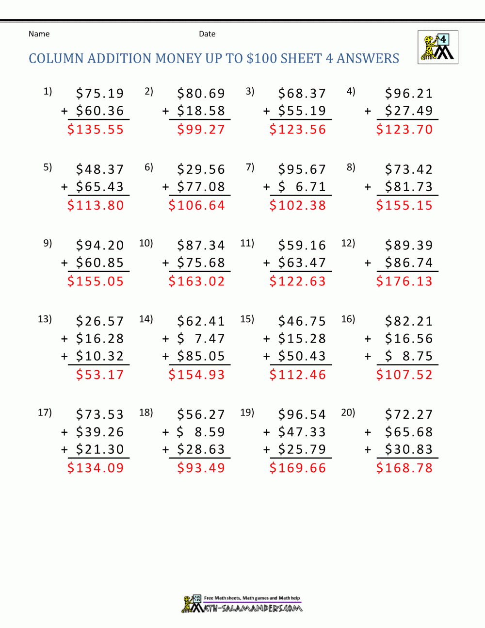 Money Addition Worksheet Collection 4th Grade