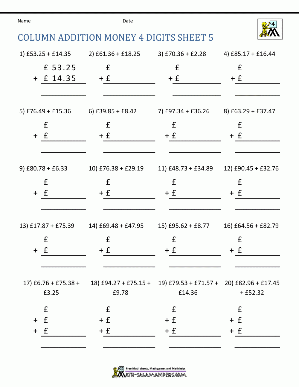 Money Addition Worksheets UK Money Money Addition Worksheets UK Money
