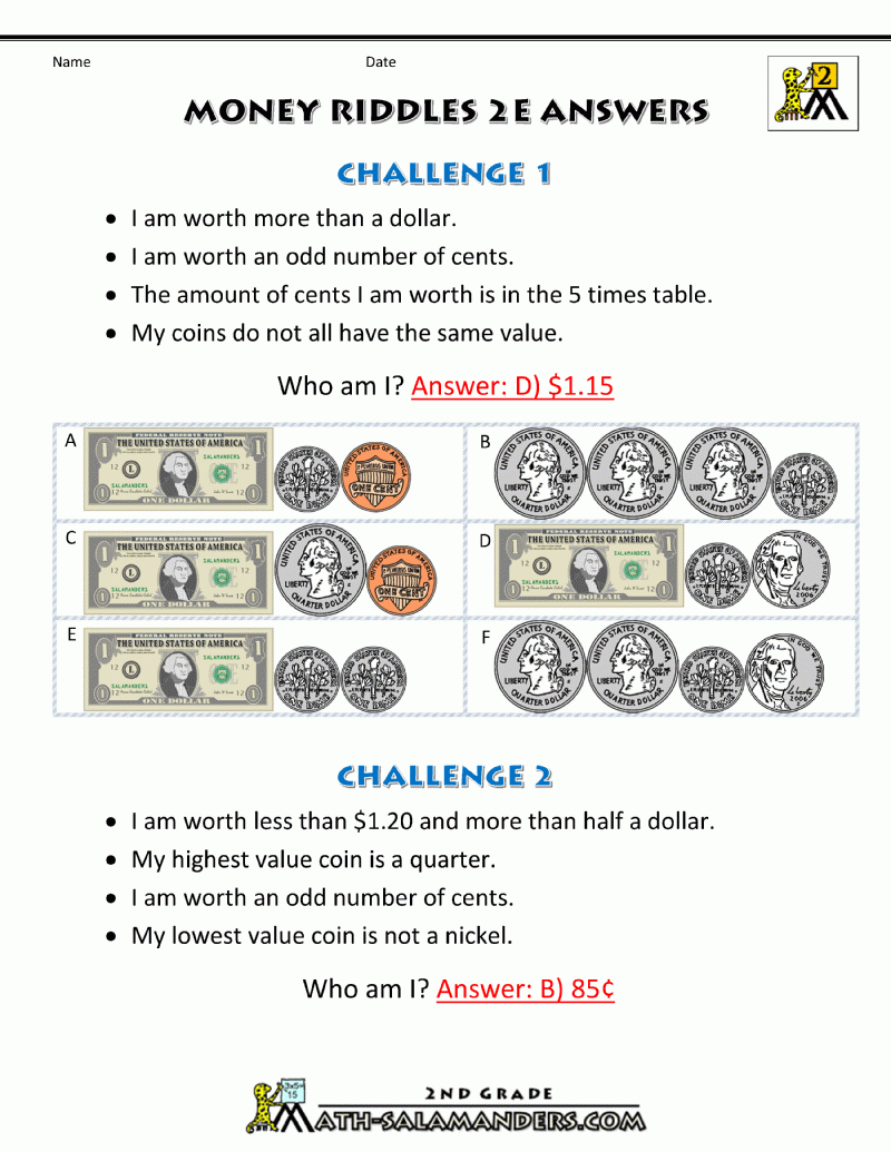 Money Math Worksheets Money Riddles Money Math Worksheets Money Riddles