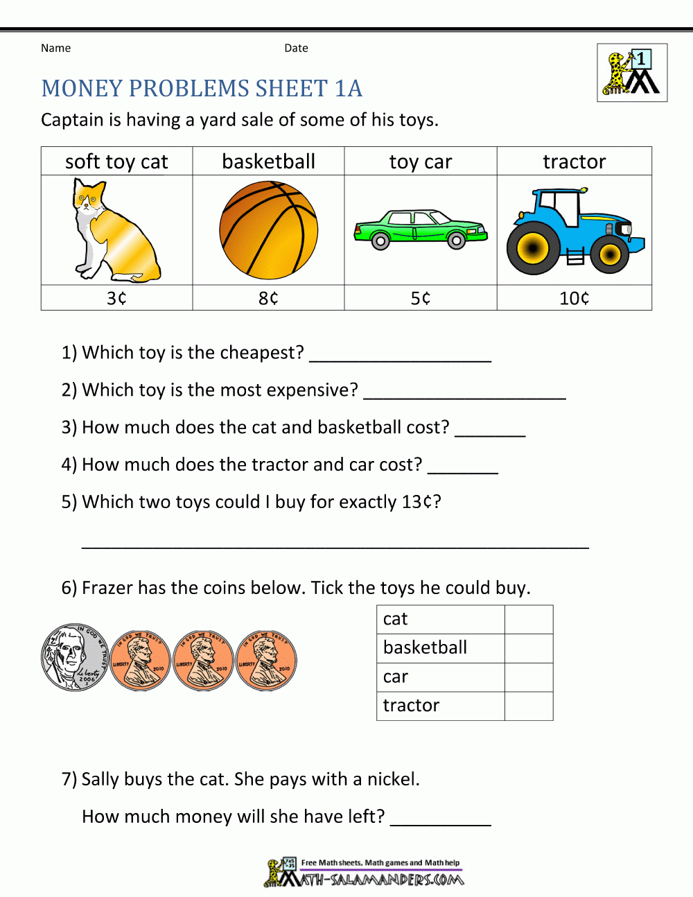 Money Problem Solving Kindergarten Worksheet Free Printable