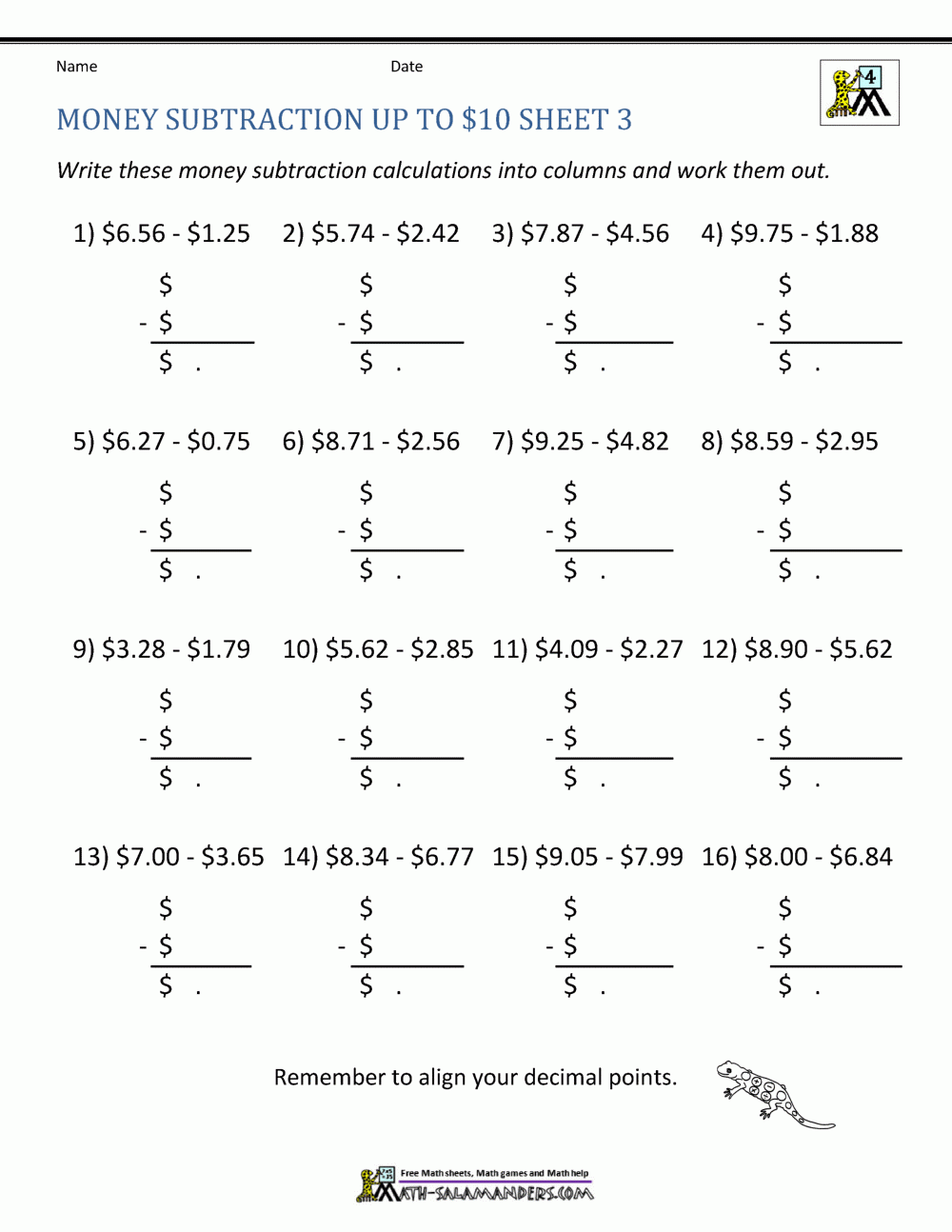 Money Subtraction Worksheet Page Money Subtraction Worksheet Page