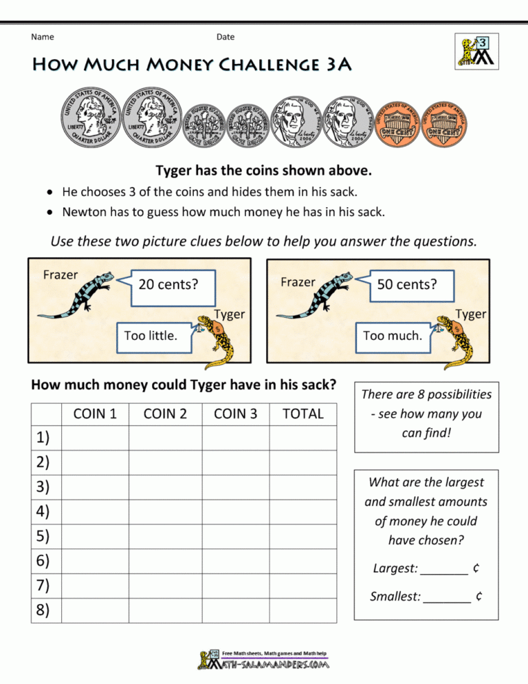 Money Worksheets 3rd Grade Money Challenges