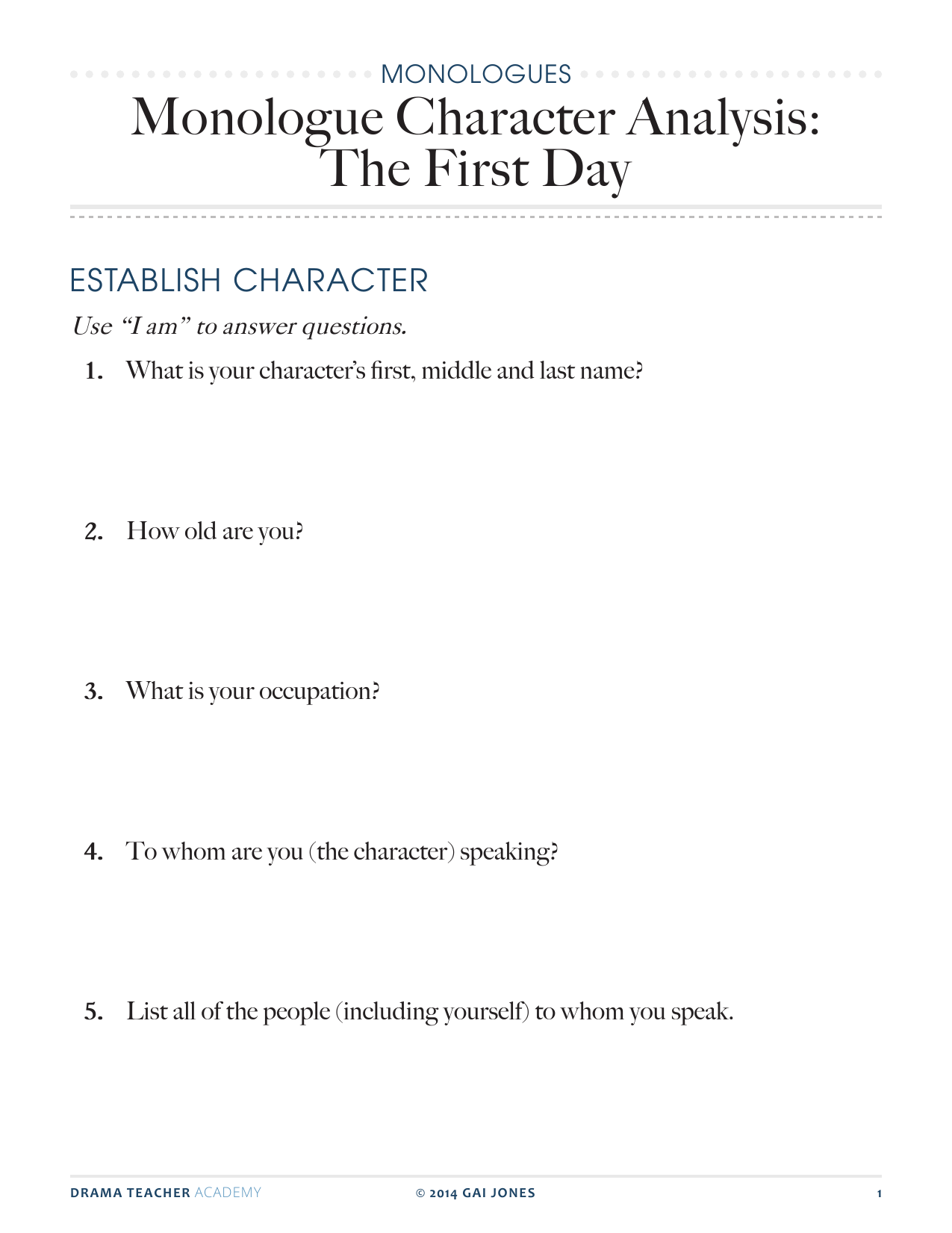Monologue Character Analysis Worksheet The First Day Monologue Character Analysis Worksheet The First Day