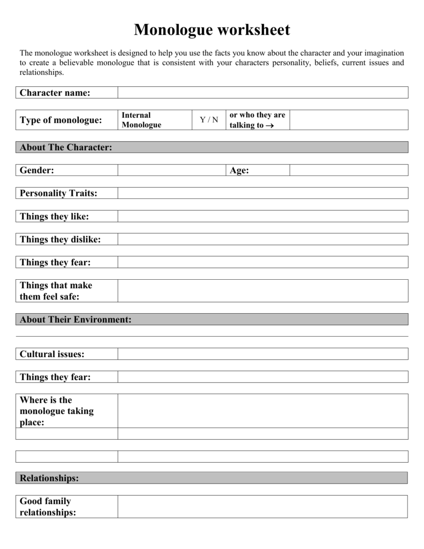 Monologue Worksheet Character Development Scenarios