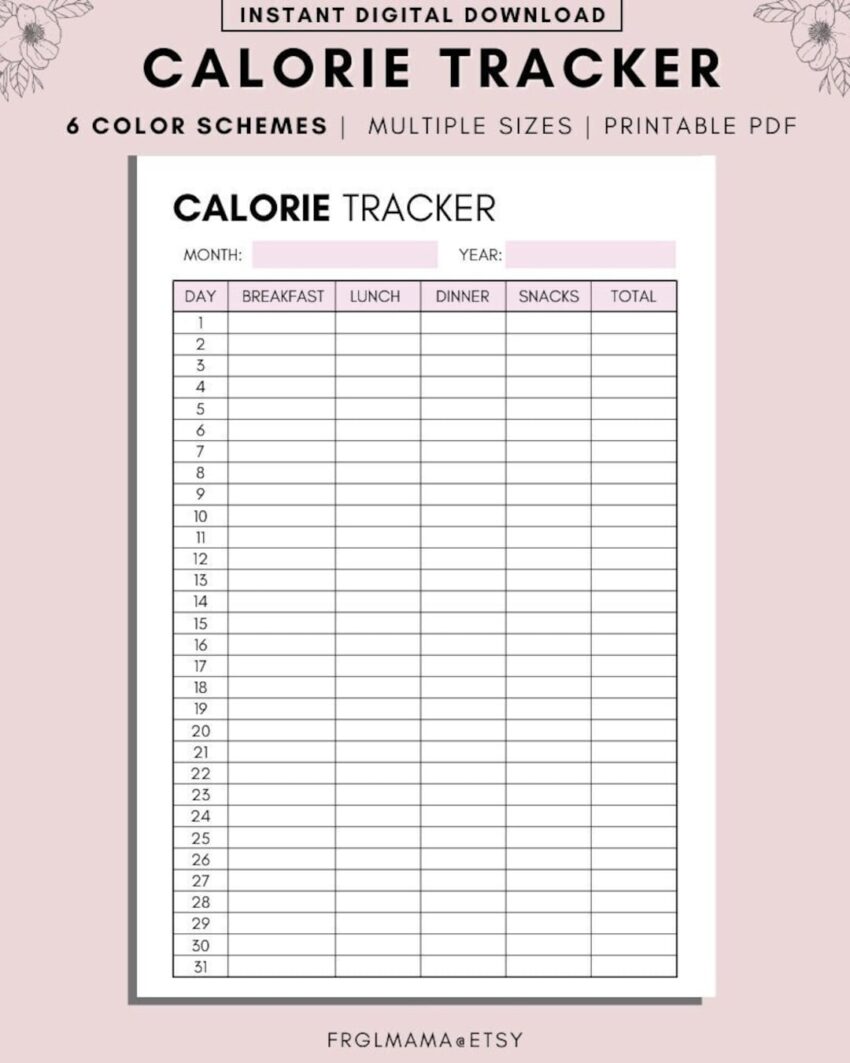 Monthly Calorie Tracker Printable A4 A5 US Letter PDF Download Etsy Israel