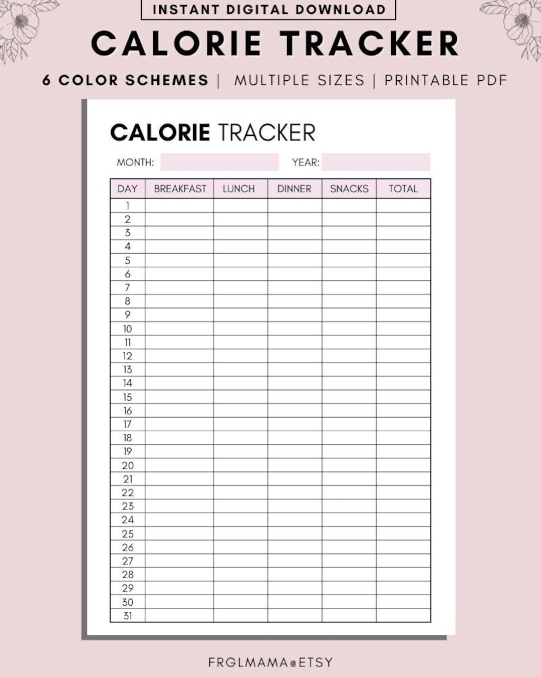Monthly Calorie Tracker Printable A4 A5 US Letter PDF Download Etsy Israel