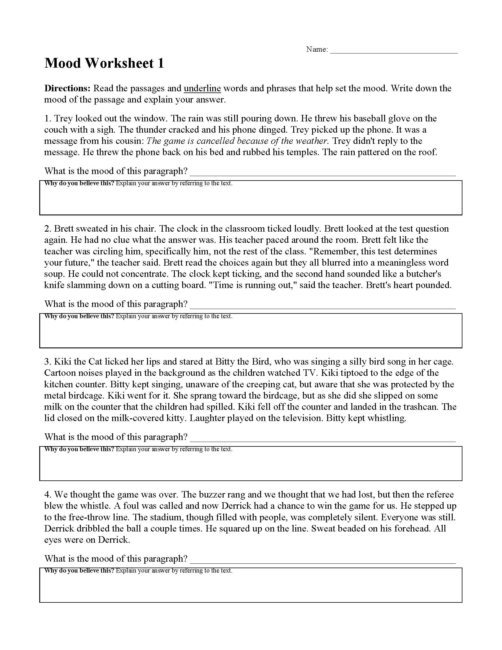 Mood Worksheet 1 Reading Activity Mood Worksheet 1 Reading Activity