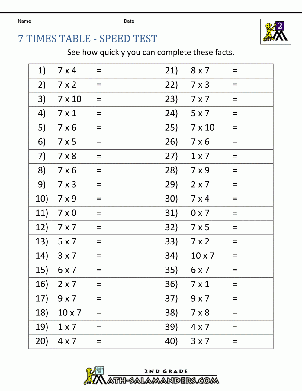 Multiplication Timed Test Worksheet Printable