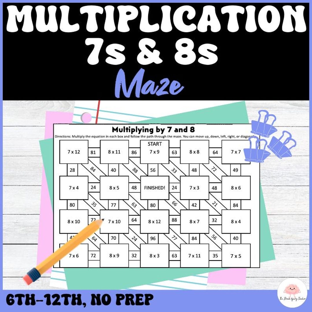 Multiplication Maze 7s And 8s Math Activity 6 12 Middle U0026 High School Etsy