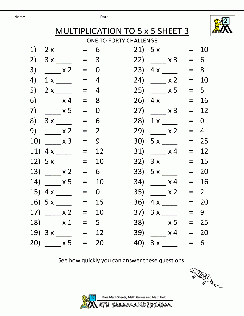 Multiplication To 5x5 Worksheets For 2nd Grade