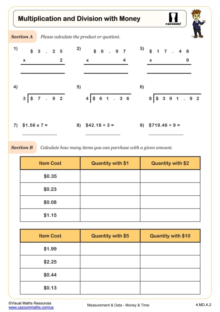 Multiplication U0026 Division With Money Worksheet PDF Printable 