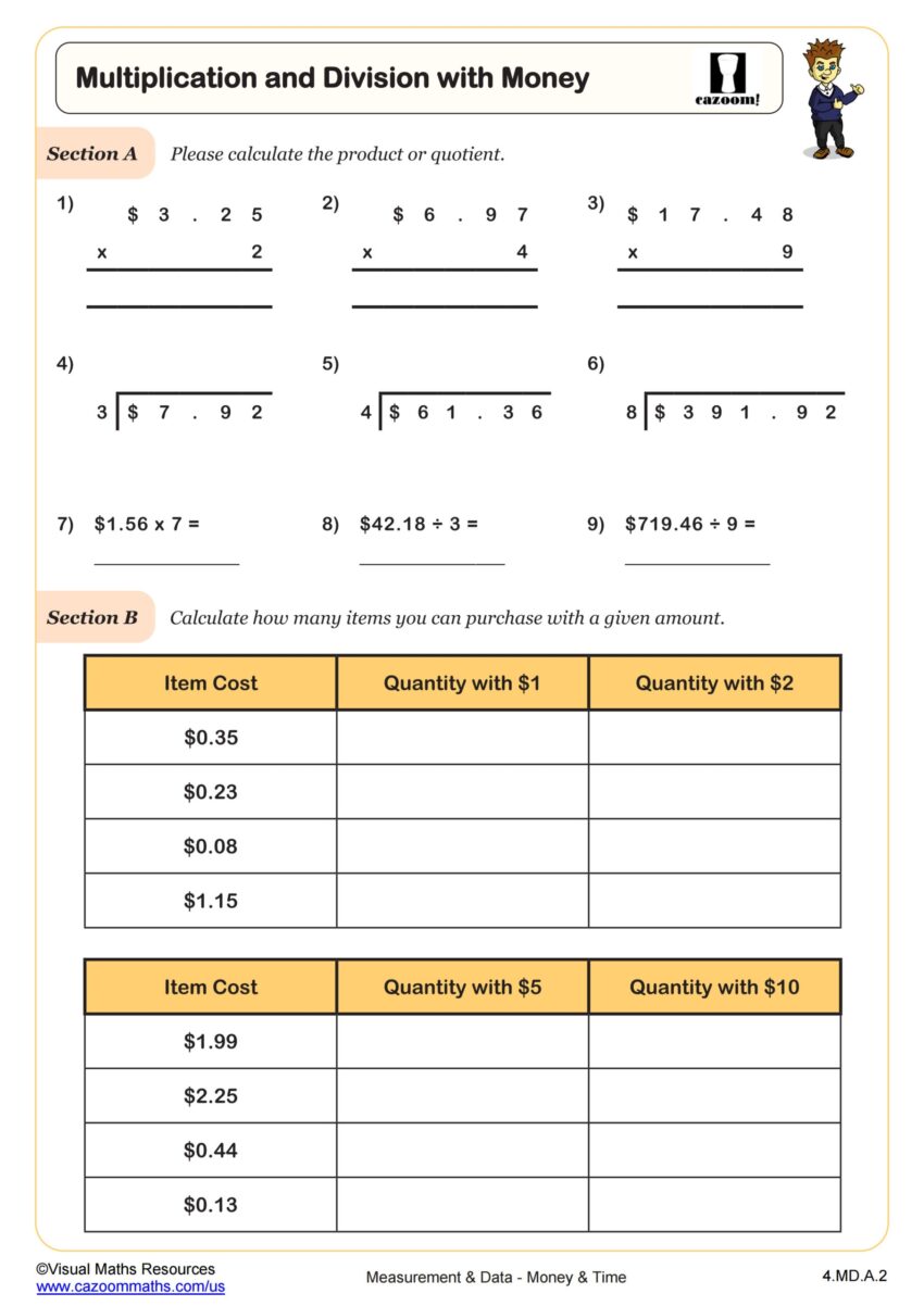 Multiplication U0026 Division With Money Worksheet PDF Printable