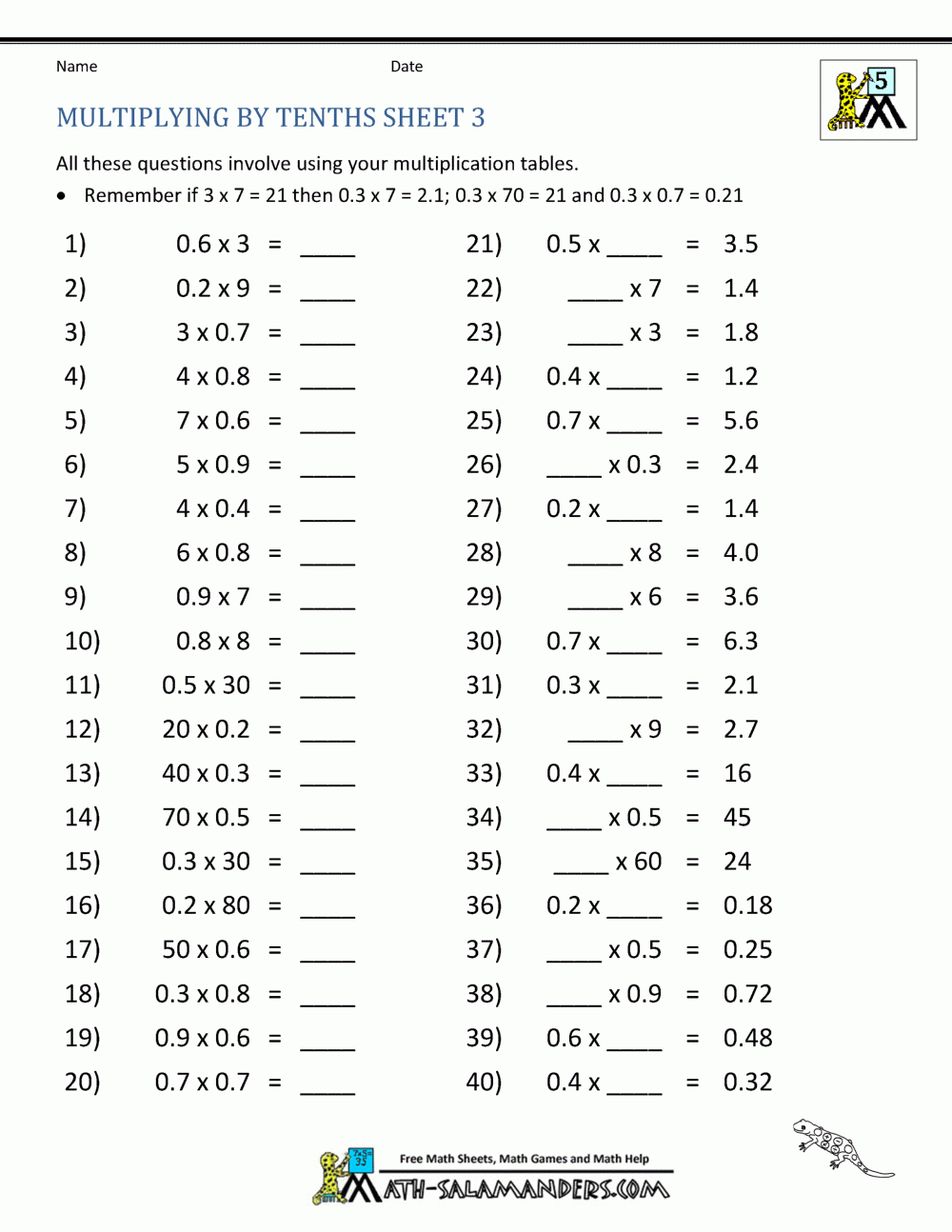 Multiplying Decimals By Whole Numbers Multiplying Decimals By Whole Numbers