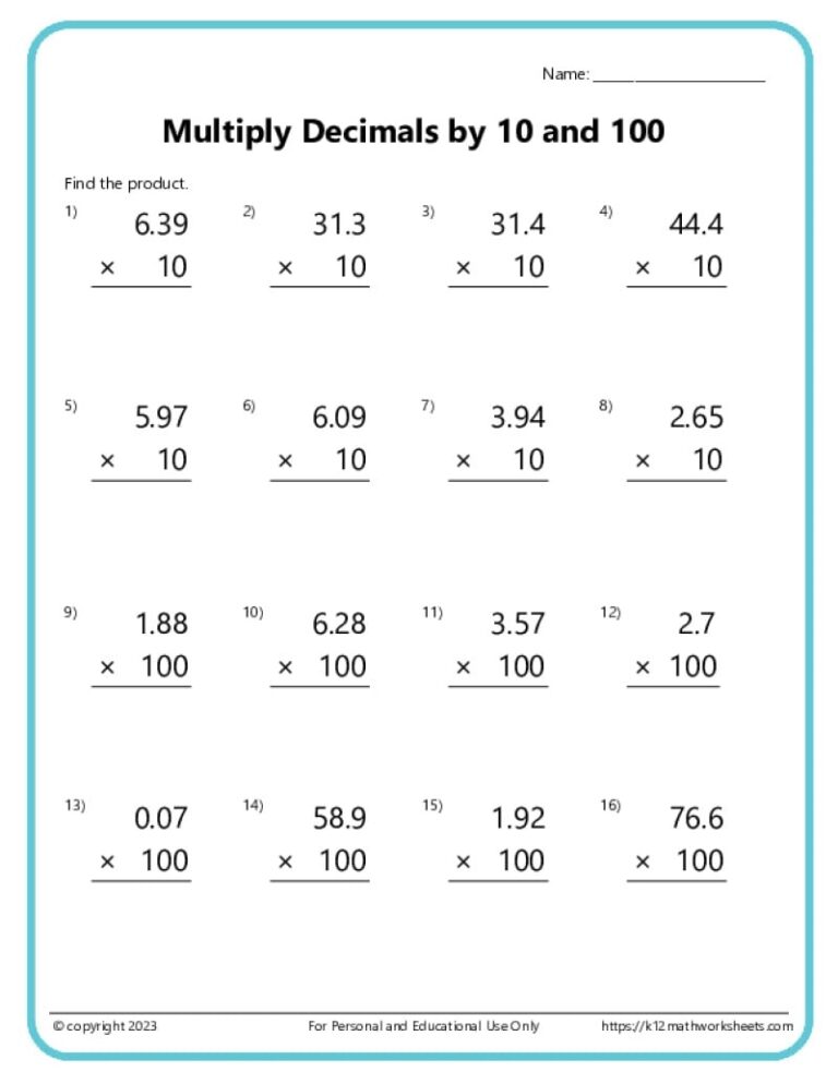 Multiplying Decimals Worksheets