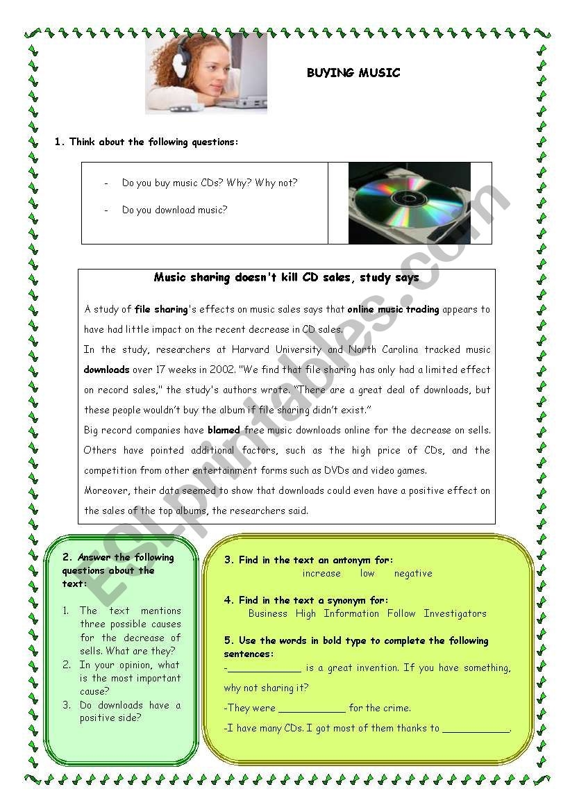 MUSIC SALES READING COMPREHENSION ESL Worksheet By Thenurse78 MUSIC SALES READING COMPREHENSION ESL Worksheet By Thenurse78