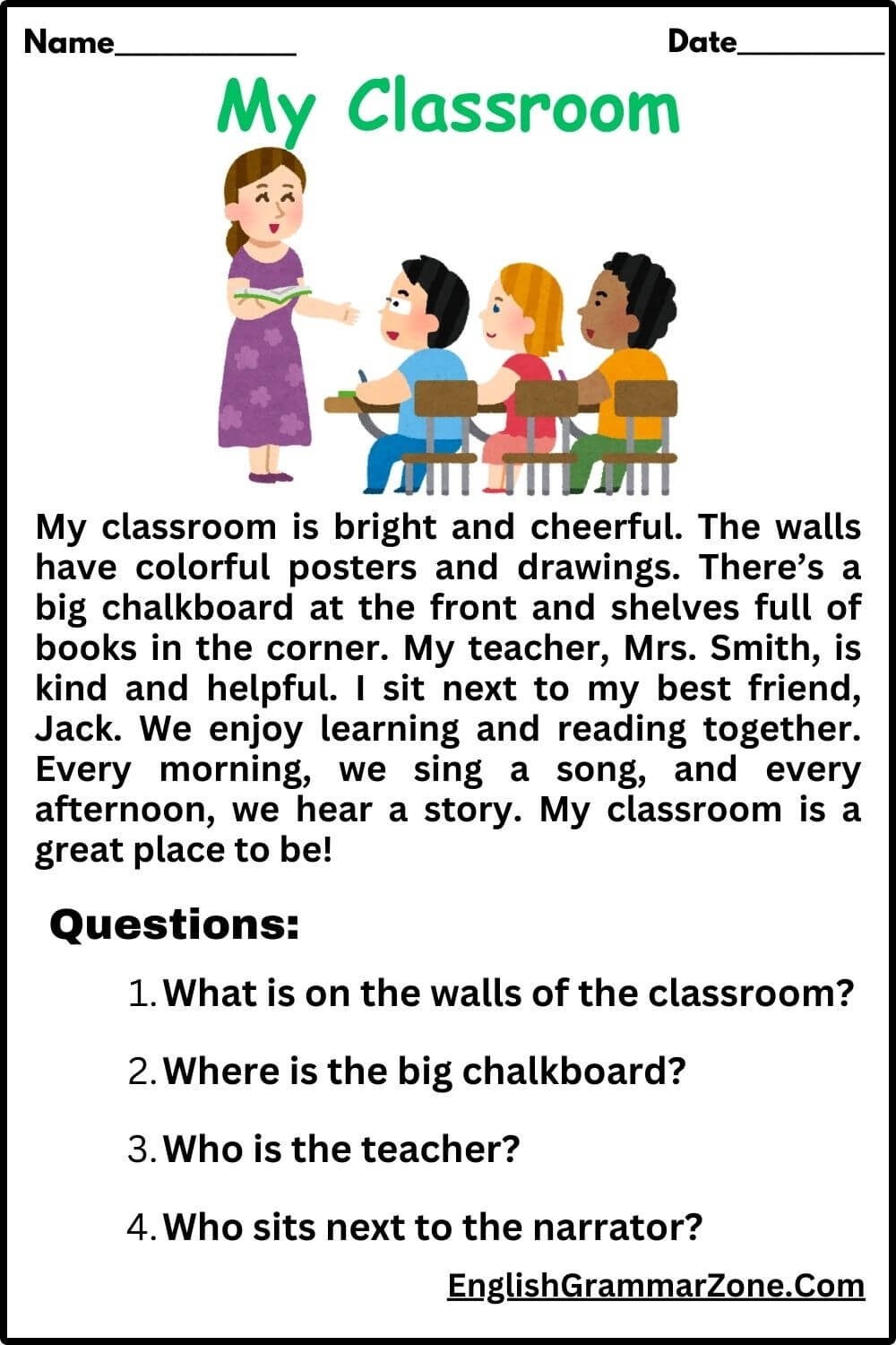 My Classroom Reading Comprehension Worksheet My Classroom Reading Comprehension Worksheet