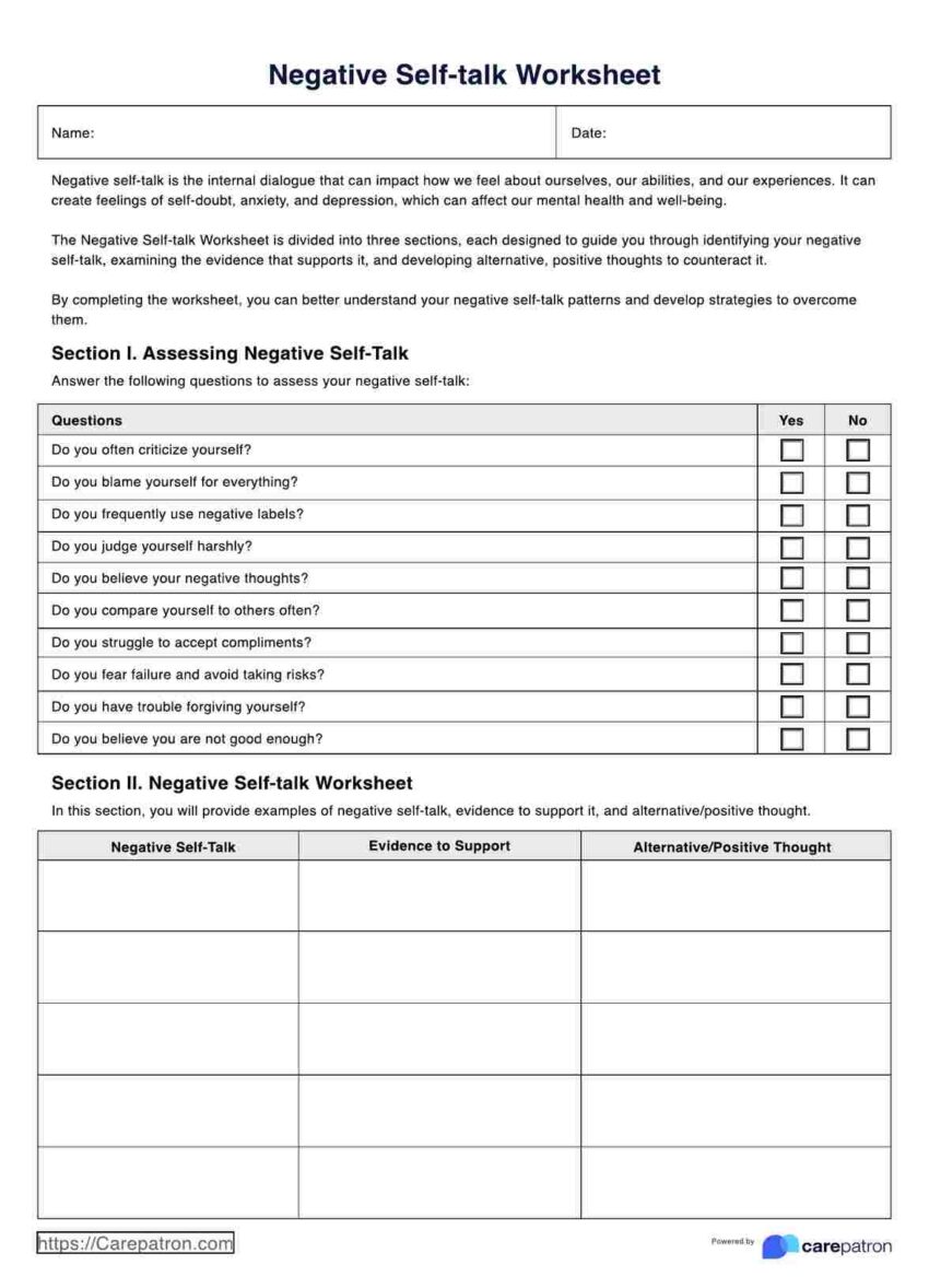Negative Self Talk Worksheet Example Free PDF Download