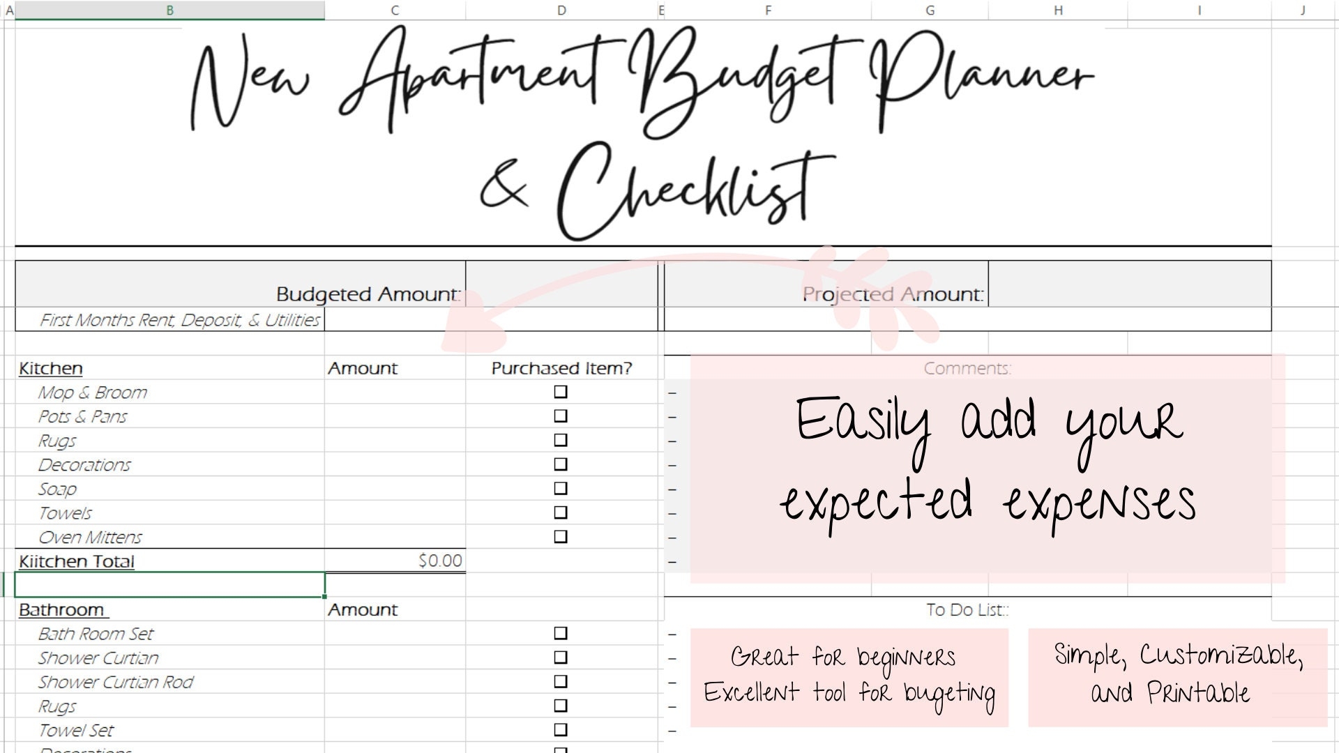 New Apartment Budget Checklist Excel Document Etsy