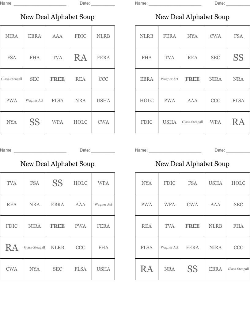 New Deal Alphabet Soup Bingo Cards WordMint