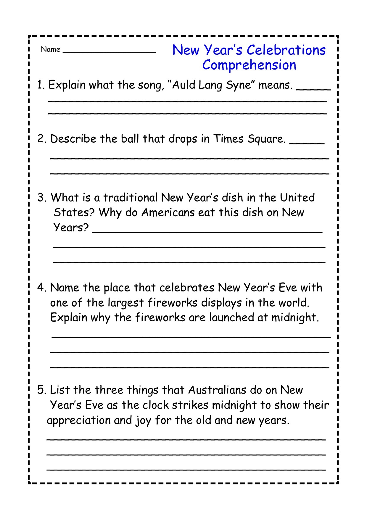 New Year s Celebrations Reading Comprehension Passage New Year s Celebrations Reading Comprehension Passage